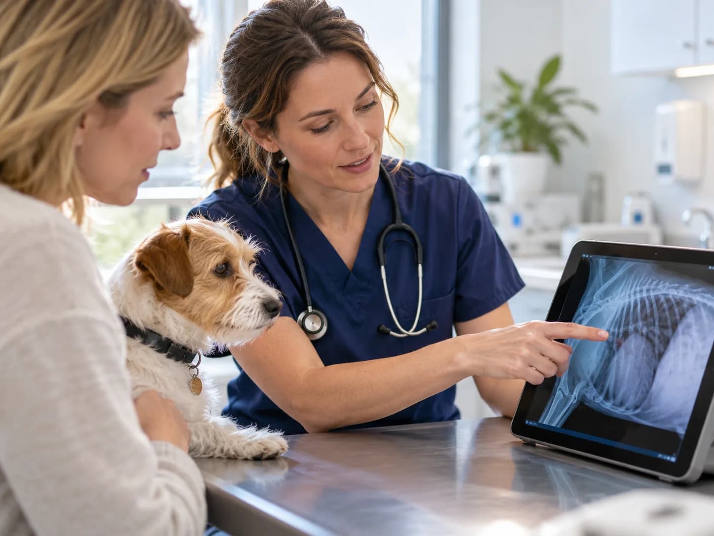 Vet showing an owner their dog's X-ray on a tablet
