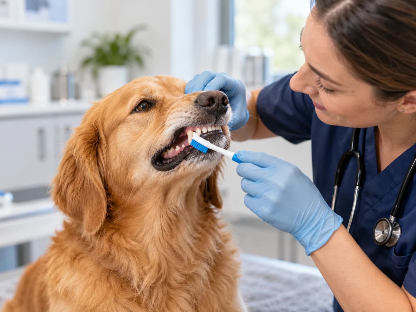 Vet brushing a Golden Retriever's teeth