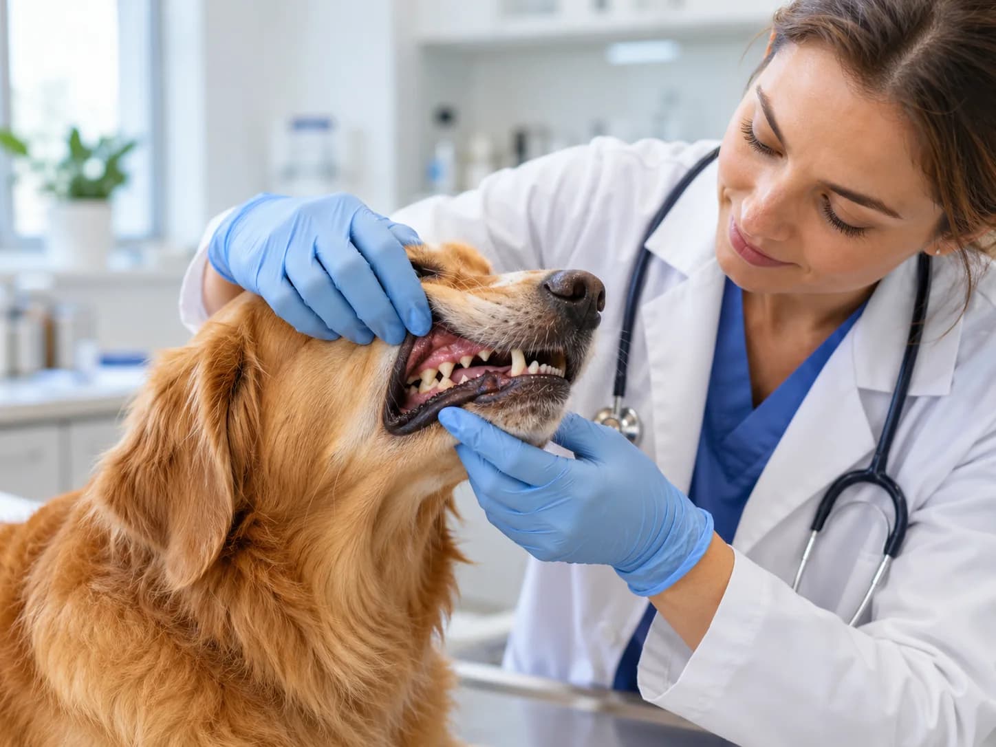 Vet examining a Golden Retriever's teeth