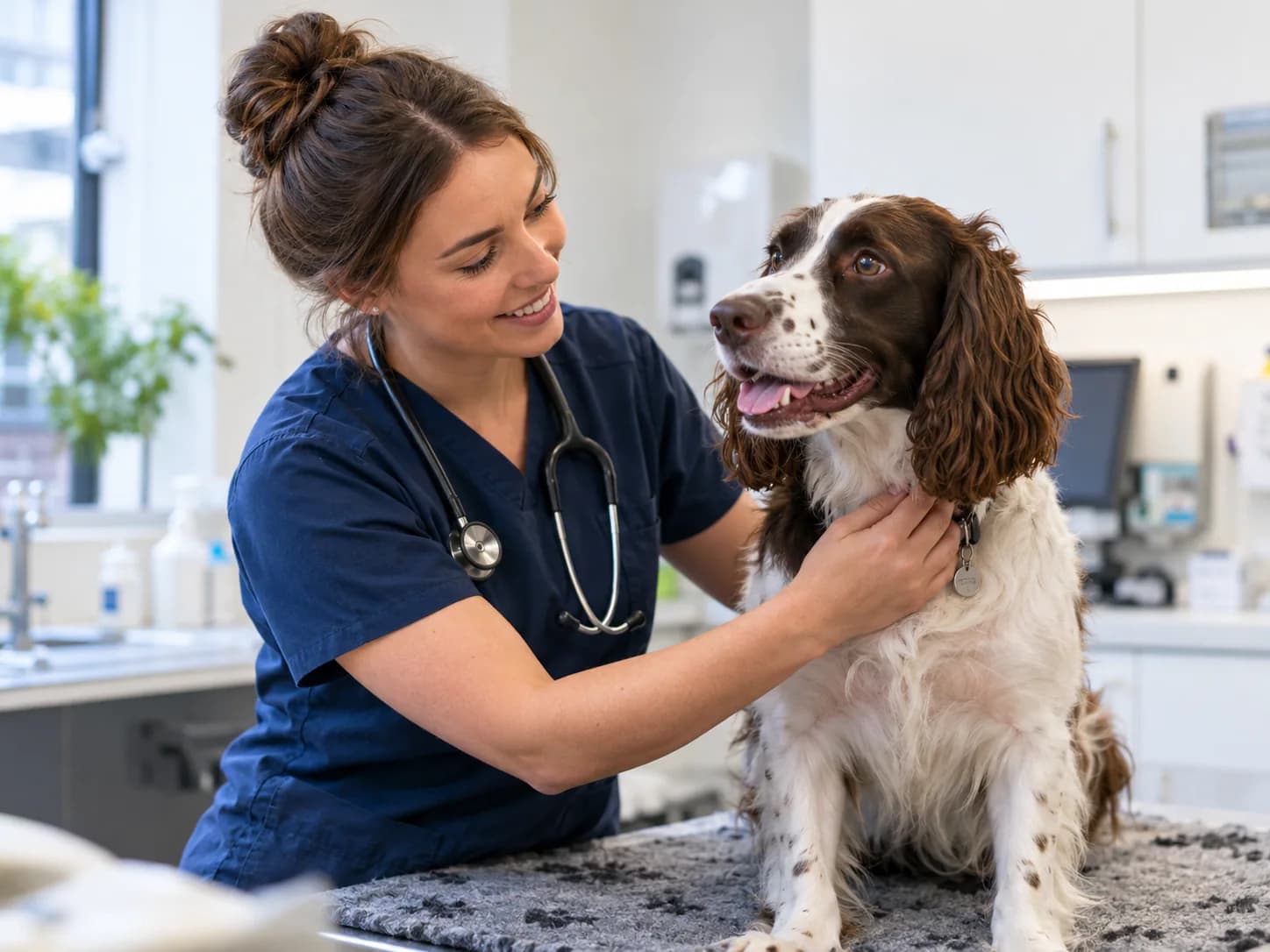 Vet with a Springer Spaniel on the consulting table