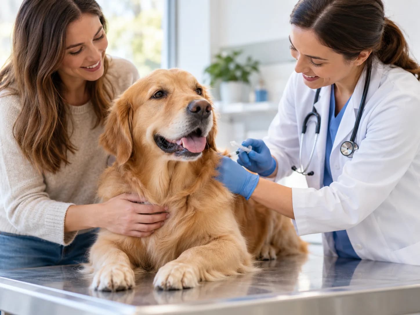 Vet checking a Golden Retriever with its owner